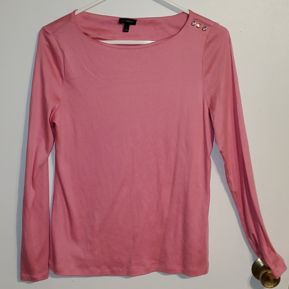 Talbots woman's S pink long sleeve tee with jewel shoulder buttons